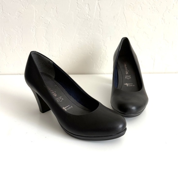 TAMARIS Comfort Pumps Size 37 US 6.5 Black Leather Anti Shok Block Heel - Picture 1 of 9